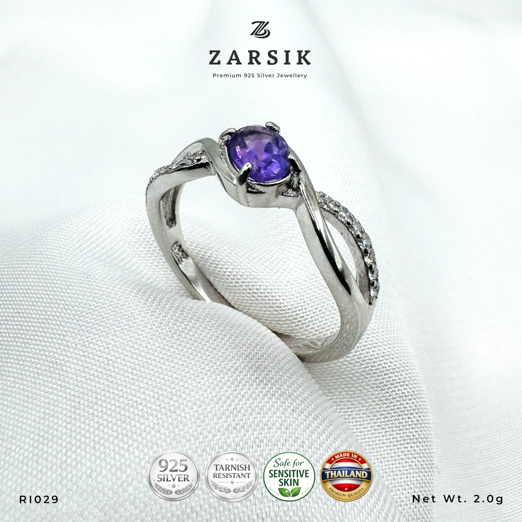 RI029_5 Amethyst 925 Silver Ring RI029 with cubic zirconia accents and rhodium-plated sterling silver twisted band by ZARSIK