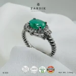 Emerald 925 Silver Ring with cubic zirconia halo and rhodium-plated twisted silver band