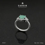 Emerald 925 Silver Ring with cubic zirconia halo and rhodium-plated twisted silver band