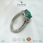 Emerald 925 Silver Ring with cubic zirconia halo and rhodium-plated twisted silver band