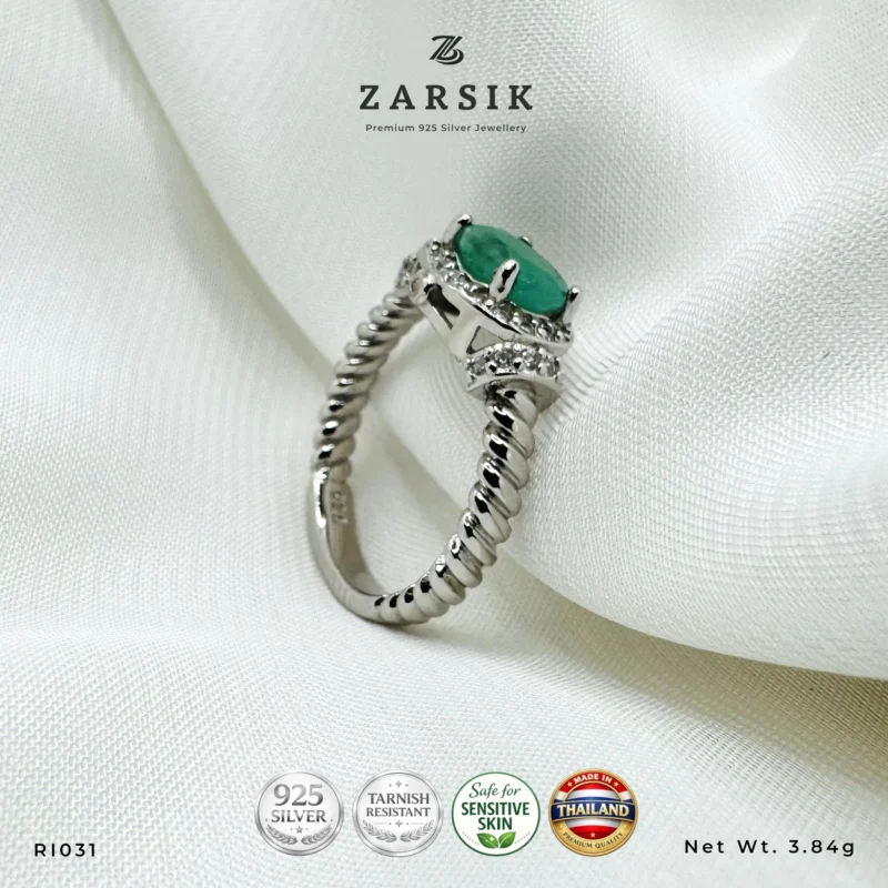 Emerald 925 Silver Ring with cubic zirconia halo and rhodium-plated twisted silver band