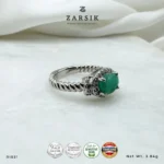 Emerald 925 Silver Ring with cubic zirconia halo and rhodium-plated twisted silver band