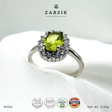 Peridot 925 Silver Ring with cubic zirconia halo and rhodium-plated sterling silver band