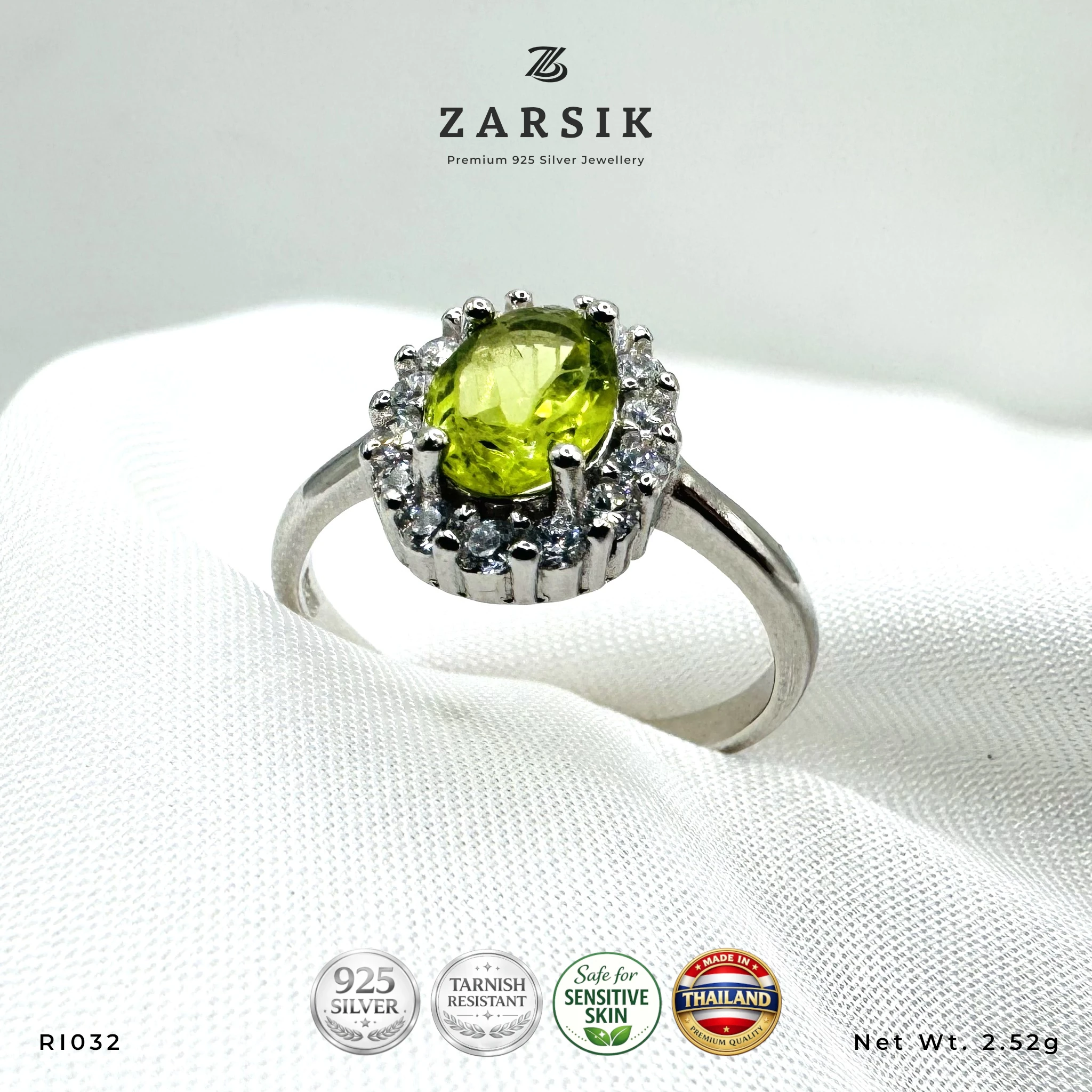 RI032_1 Peridot 925 Silver Ring with cubic zirconia halo and rhodium-plated sterling silver band