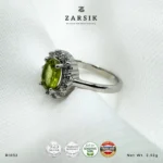 Peridot 925 Silver Ring with cubic zirconia halo and rhodium-plated sterling silver band