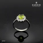 Peridot 925 Silver Ring with cubic zirconia halo and rhodium-plated sterling silver band