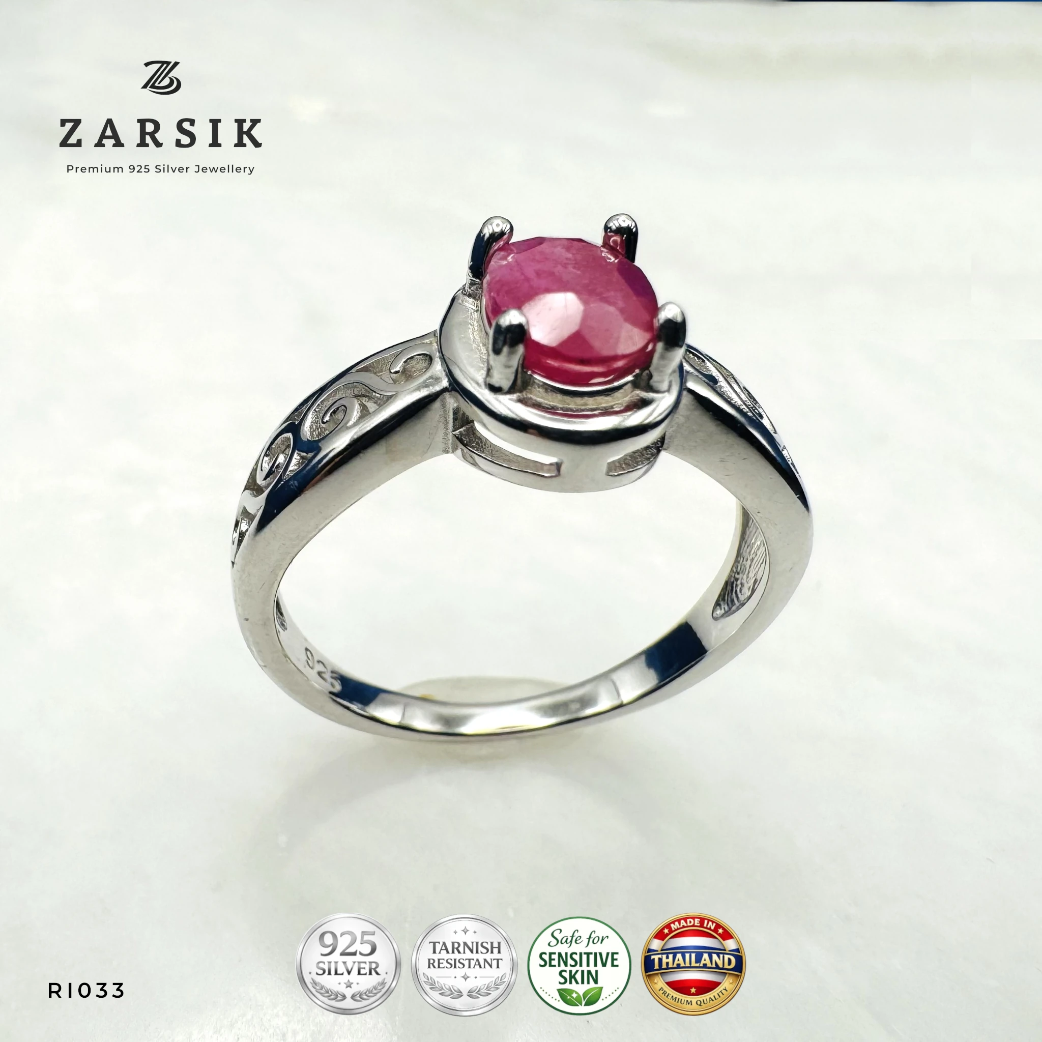 RI033_1 Ruby 925 Silver Ring with oval ruby and rhodium-plated openwork sterling silver band