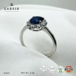 Sapphire 925 Silver Ring with cubic zirconia halo and rhodium-plated sterling silver band