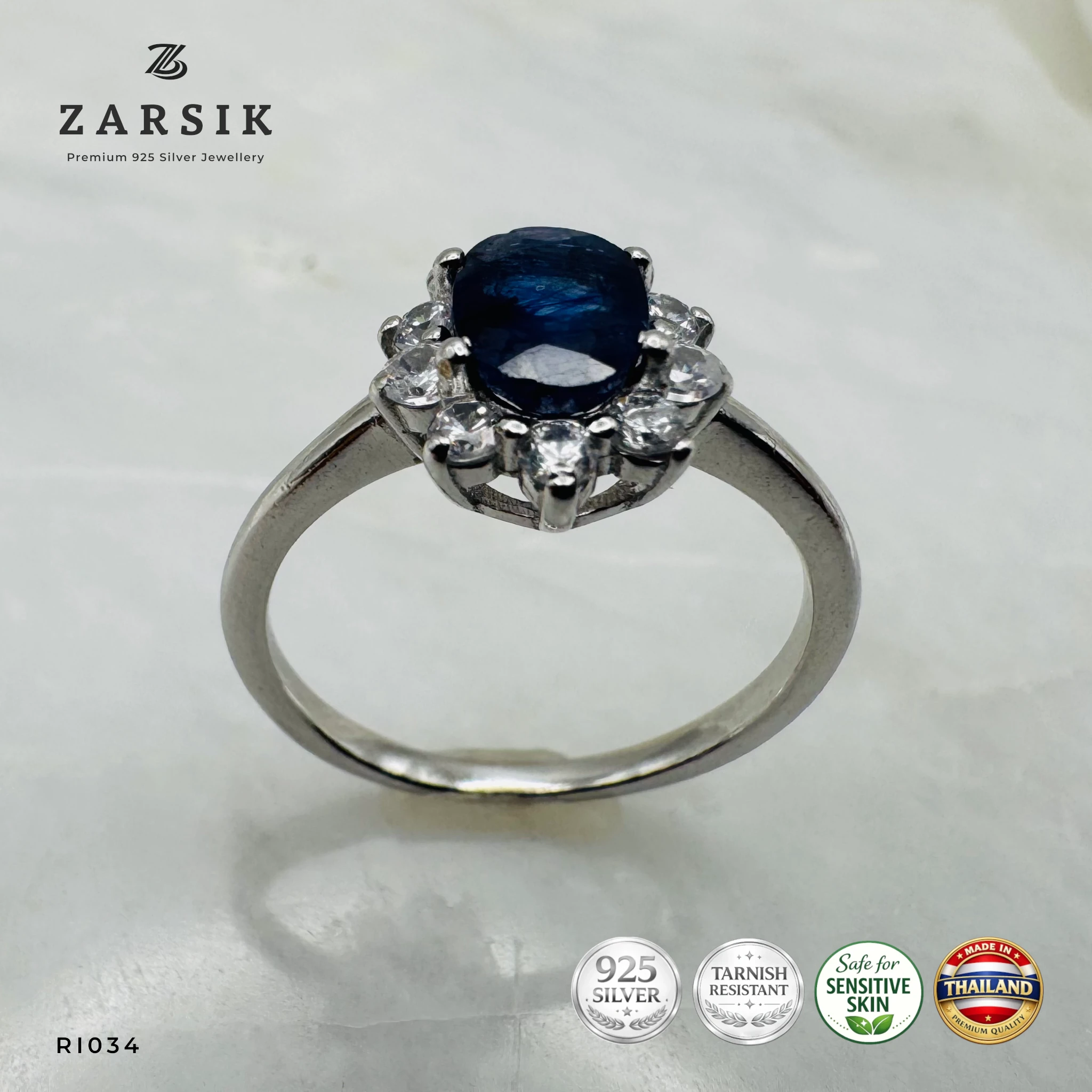 RI034_2 Sapphire 925 Silver Ring with cubic zirconia halo and rhodium-plated sterling silver band