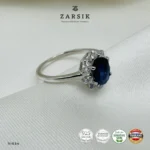 Sapphire 925 Silver Ring with cubic zirconia halo and rhodium-plated sterling silver band