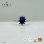 Sapphire 925 Silver Ring with cubic zirconia halo and rhodium-plated sterling silver band