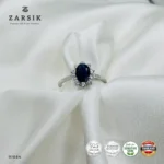 Sapphire 925 Silver Ring with cubic zirconia halo and rhodium-plated sterling silver band