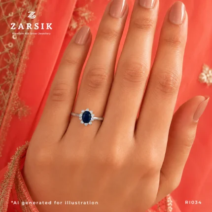 Sapphire 925 Silver Ring on hand with deep blue sapphire and cubic zirconia accents by ZARSIK