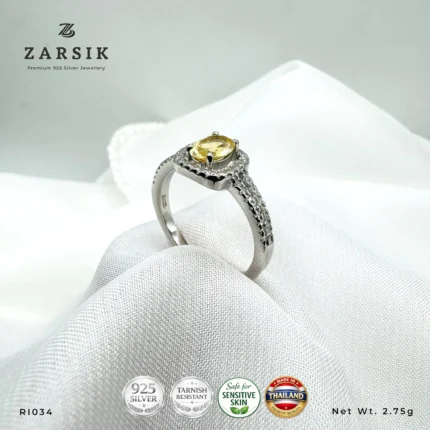 Golden Topaz 925 Silver Ring with cubic zirconia halo and rhodium-plated sterling silver band