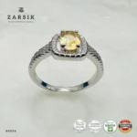 Golden Topaz 925 Silver Ring with cubic zirconia halo and rhodium-plated sterling silver band