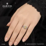 Women's golden topaz 925 silver ring with a cubic zirconia halo, worn on the ring finger in an elegant lifestyle jewellery photograph.