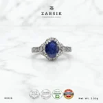 Elegant oval sapphire halo ring crafted in 925 sterling silver with sparkling cubic zirconia accents