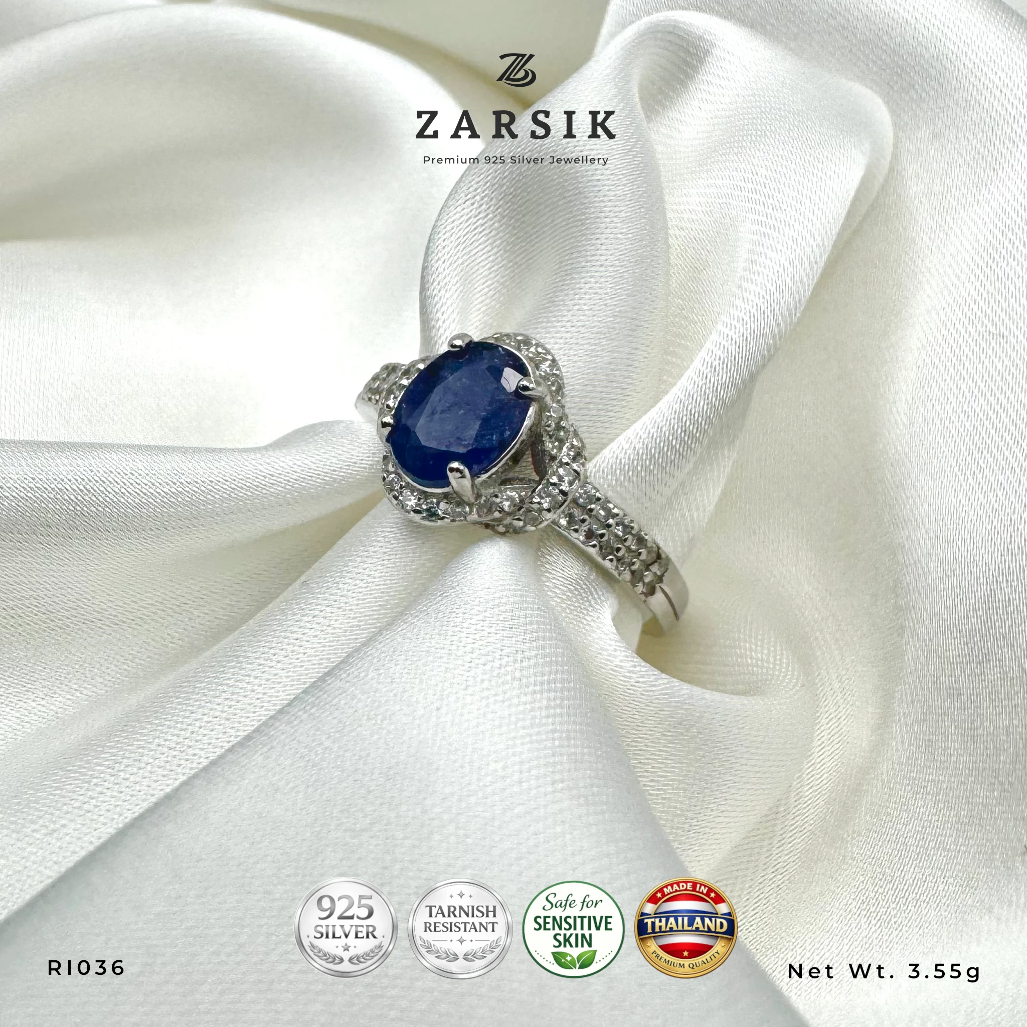 RI036_4 Elegant oval sapphire halo ring crafted in 925 sterling silver with sparkling cubic zirconia accents