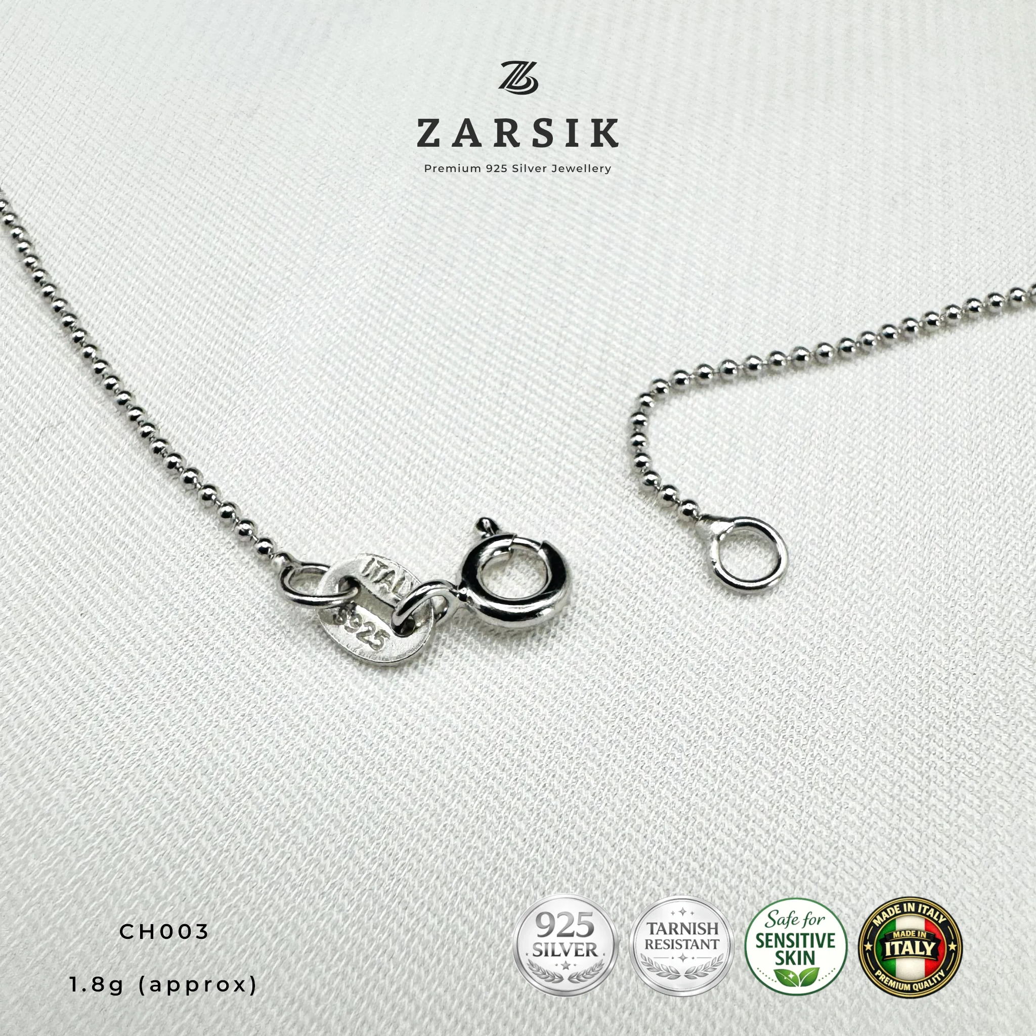 CH003 - Italian 925 Sterling Silver Ball Chain Necklace Italian 925 Sterling Silver Ball Chain Necklace