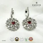 Floral Halo Earrings in 925 Sterling Silver With Red Stone