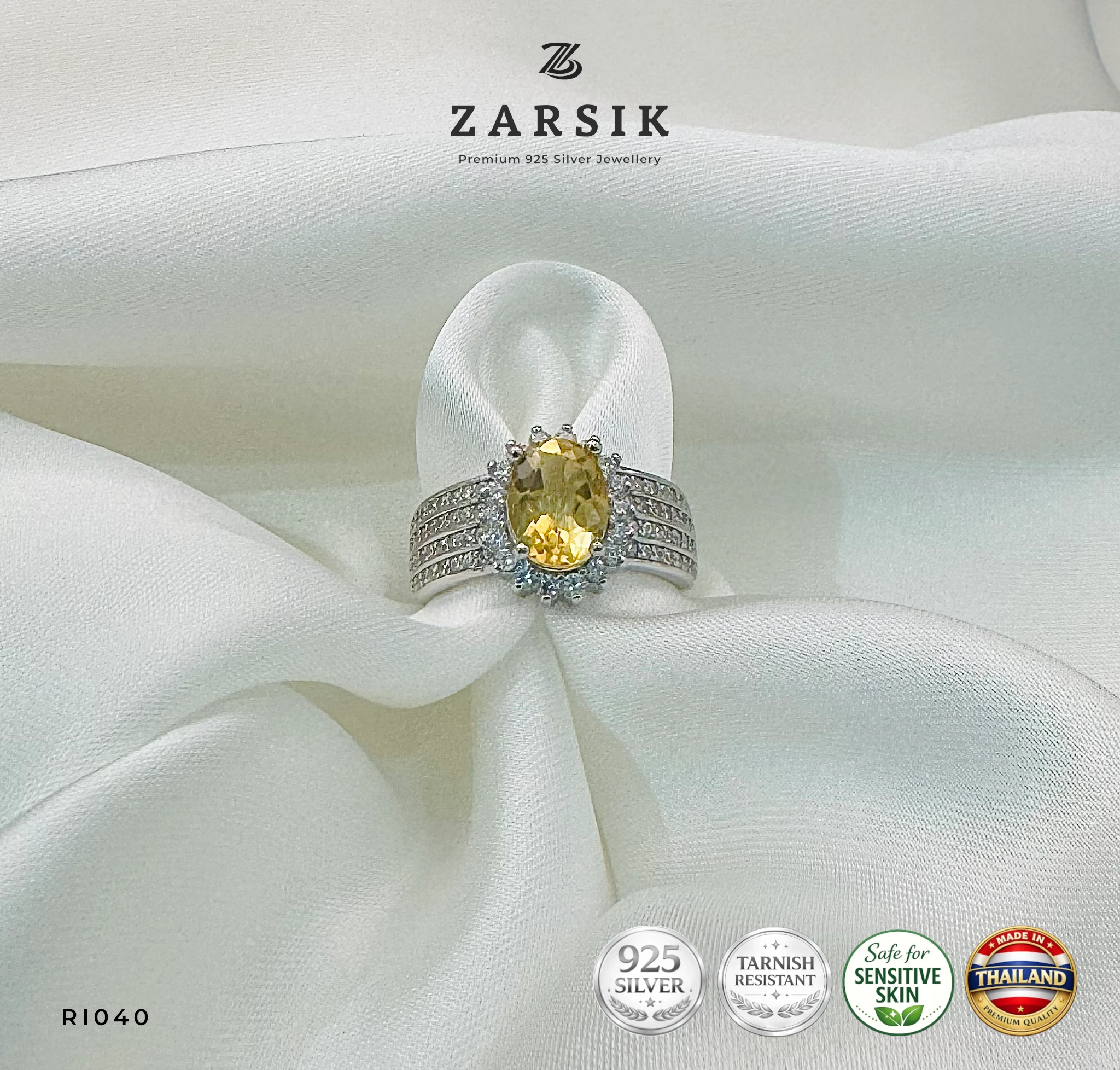 RI040_1 Radiant Golden Topaz halo ring crafted in genuine 925 sterling silver featuring an oval-cut golden topaz centre stone surrounded by sparkling cubic zirconia and a luxurious multi-row pavé band.