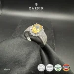 Radiant Golden Topaz halo ring crafted in genuine 925 sterling silver featuring an oval-cut golden topaz centre stone surrounded by sparkling cubic zirconia and a luxurious multi-row pavé band.