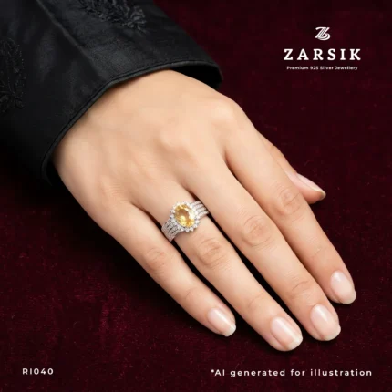 Elegant woman wearing a premium 925 sterling silver Golden Topaz halo ring with an oval-cut centre gemstone and brilliant cubic zirconia, styled for weddings, evening occasions and luxury everyday wear.