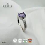 Majestic Purple Amethyst 925 Silver solitaire ring featuring an oval-cut natural amethyst, sparkling cubic zirconia split shoulders and premium rhodium plating.