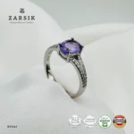 Majestic Purple Amethyst 925 Silver solitaire ring featuring an oval-cut natural amethyst, sparkling cubic zirconia split shoulders and premium rhodium plating.