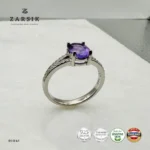 Majestic Purple Amethyst 925 Silver solitaire ring featuring an oval-cut natural amethyst, sparkling cubic zirconia split shoulders and premium rhodium plating.