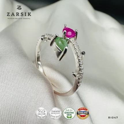 Emerald and Ruby 925 Silver Open Ring