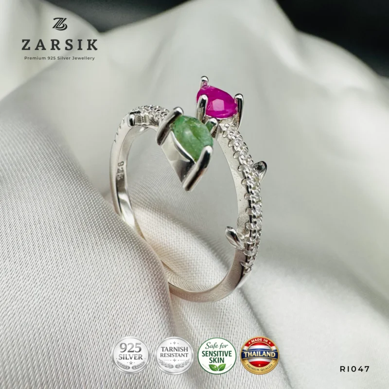 Emerald and Ruby 925 Silver Open Ring