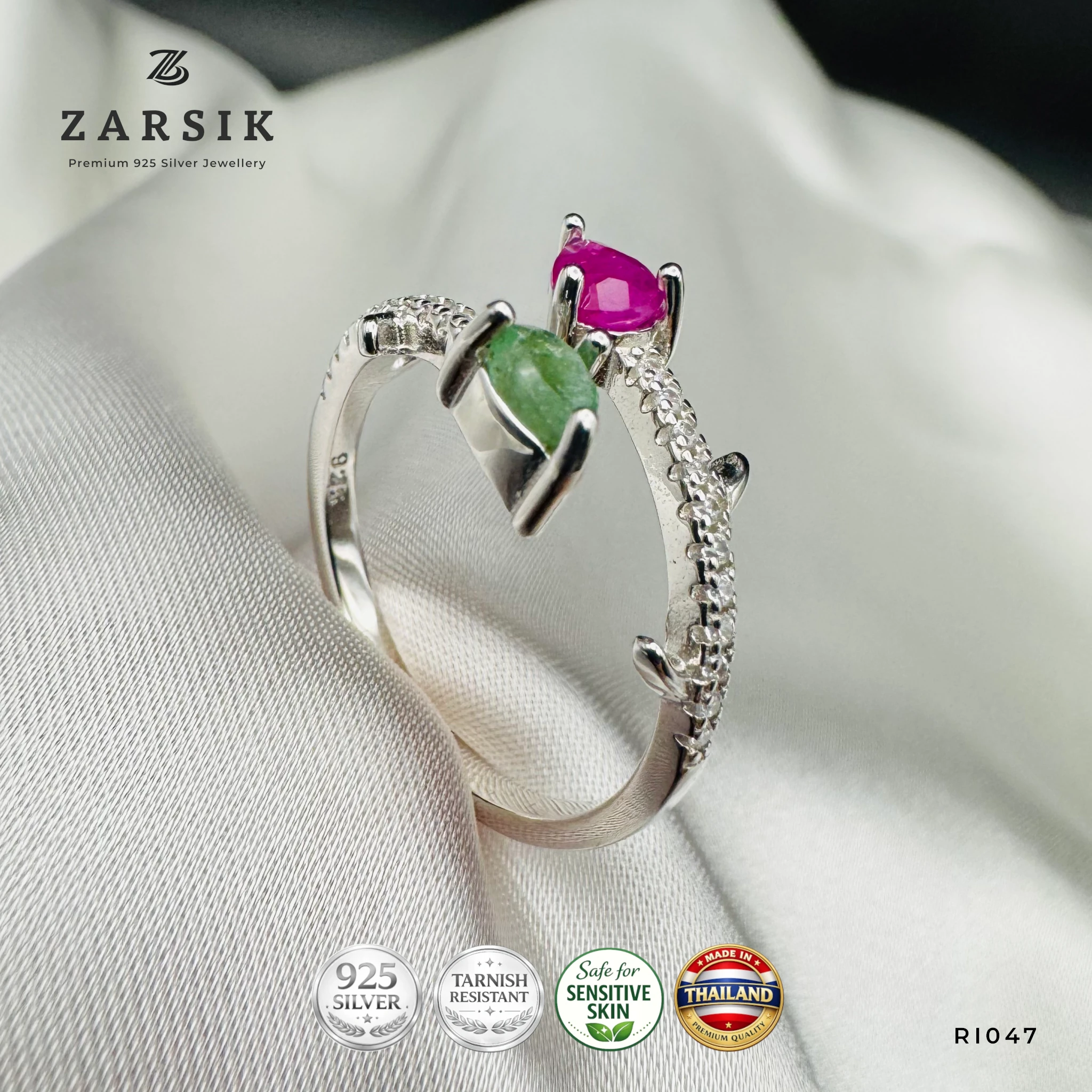 RI047 - Emerald and Ruby 925 Silver Open Ring Emerald and Ruby 925 Silver Open Ring