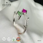 Natural Emerald and Ruby 925 Silver Open Ring | Thai Elegance - Image 3