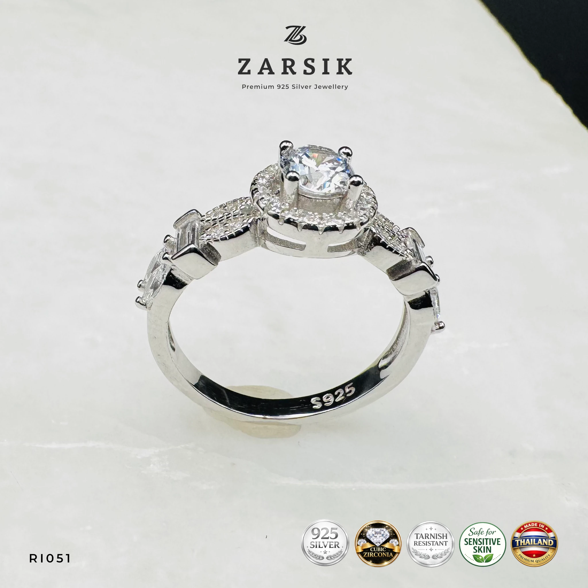 RI051 - Luxury CZ Halo 925 Silver Ring | Marquise & Baguette Accents Luxury CZ Halo 925 Silver Ring | Marquise & Baguette Accents
