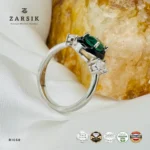 Elegant Green Three Stone 925 Silver Ring with CZ | Rhodium-Plated Thai Design - Image 3