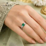Elegant Green Three Stone 925 Silver Ring with CZ | Rhodium-Plated Thai Design - Image 2