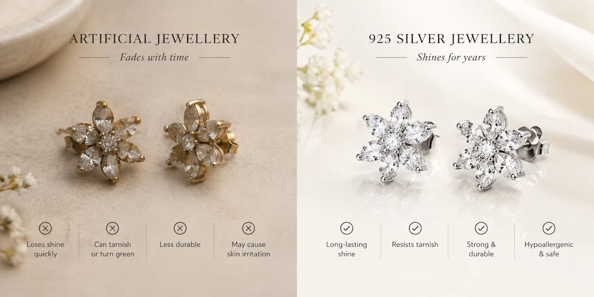 Comparison of faded artificial jewellery vs shining 925 silver jewellery