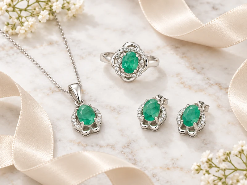 Real emerald 925 silver pendant set