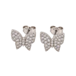 Pair of imported rhodium-plated 925 sterling silver butterfly stud earrings fully paved with clear cubic zirconia