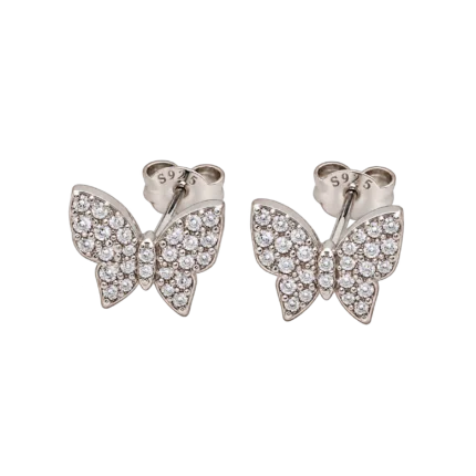Pair of imported rhodium-plated 925 sterling silver butterfly stud earrings fully paved with clear cubic zirconia
