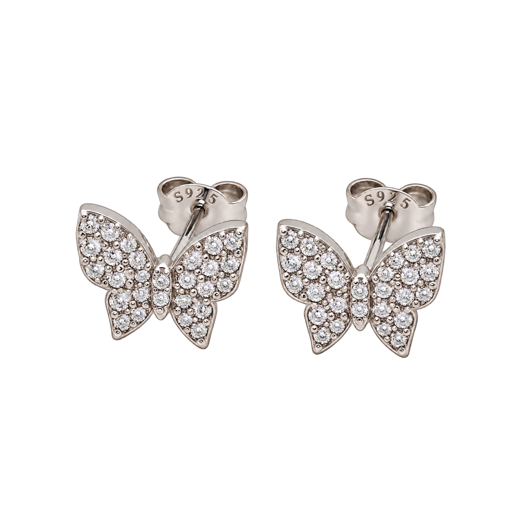 EA053 - 925 Sterling Silver Cubic Zirconia Butterfly Studs Pair of imported rhodium-plated 925 sterling silver butterfly stud earrings fully paved with clear cubic zirconia