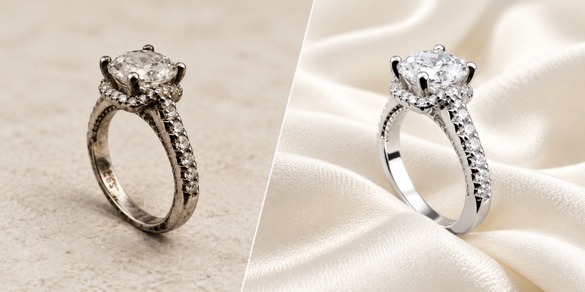 A side-by-side comparison showing dull, tarnished silver next to a brilliant, tarnish-free rhodium-plated 925 silver ring by Zarsik.
